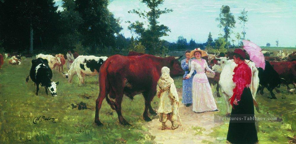 jeunes ladys marchent parmi le troupeau de vache Ilya Repin Peintures à l'huile